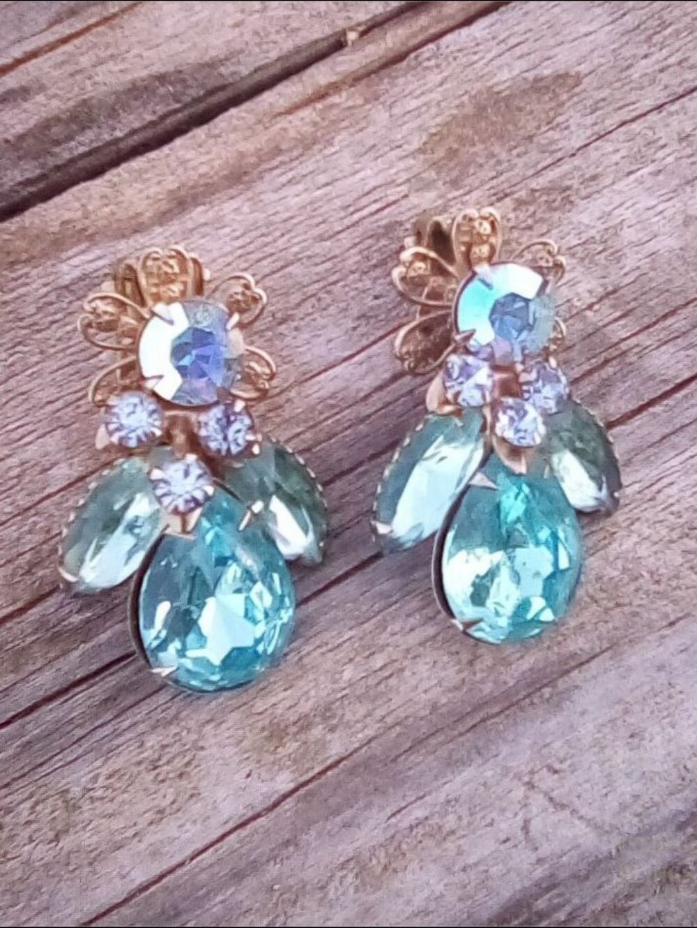 Cathé Vintage Clip-On Earrings Aqua Blue Green AB Rhinestone Floral Signed